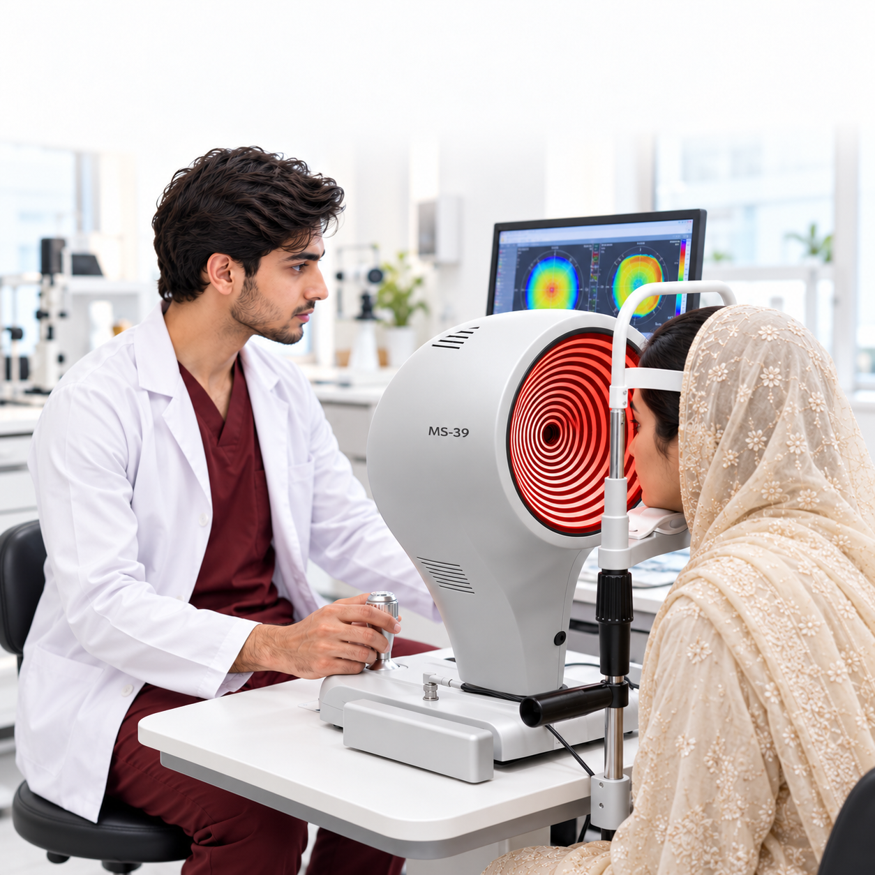 Optometrist conducting clinical corneal topography with MS-39